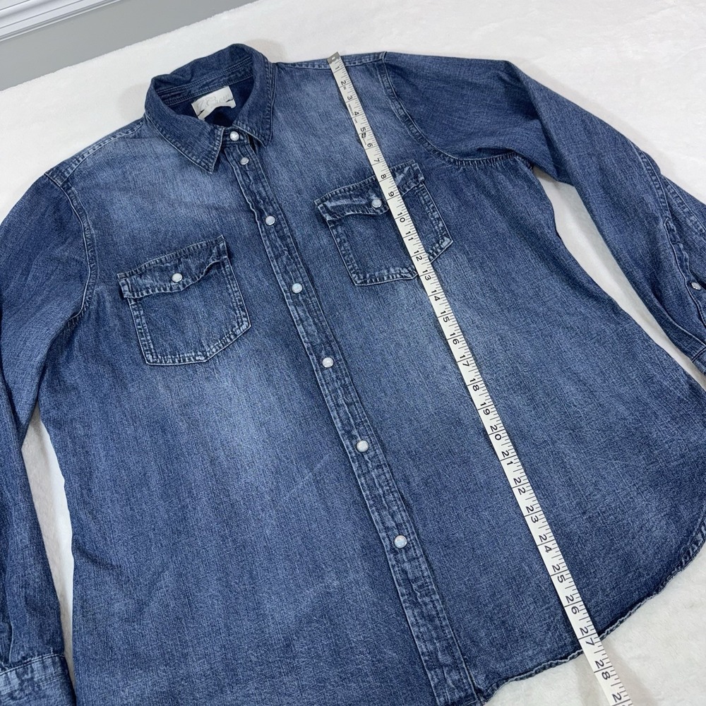 J Crew Slim-Fit Chambray Shirt Womans Sz 14 Western Pearl Snap Cotton Rodeo Boho - Picture 9 of 13